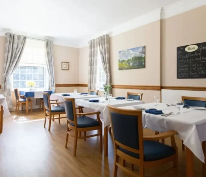 Bright dining room at Aldringham Court nursing home in Leiston