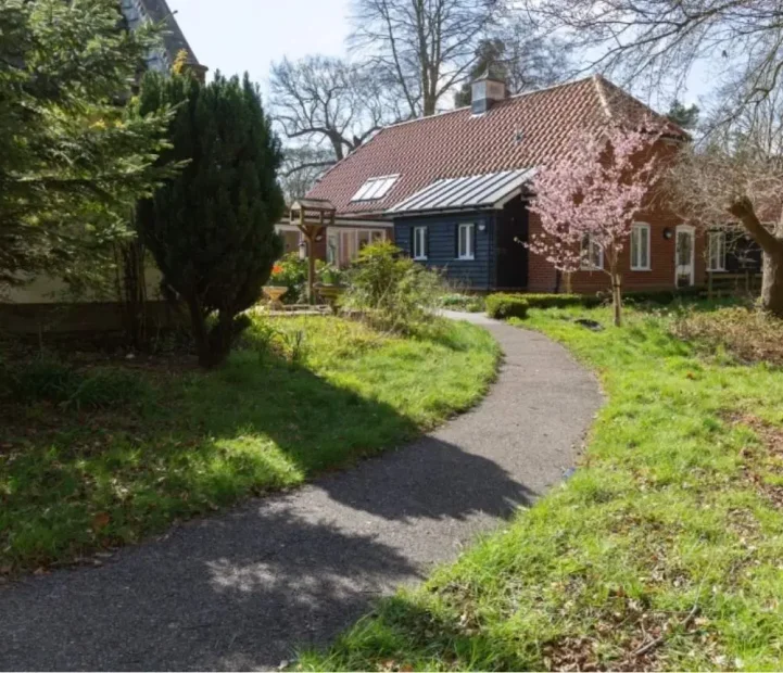 Landscaped garden path at Aldringham Court nursing home in Leiston