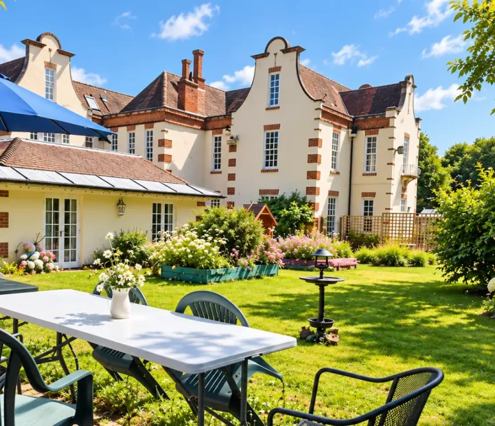 Garden patio and grounds at Aldringham Court care home in Suffolk