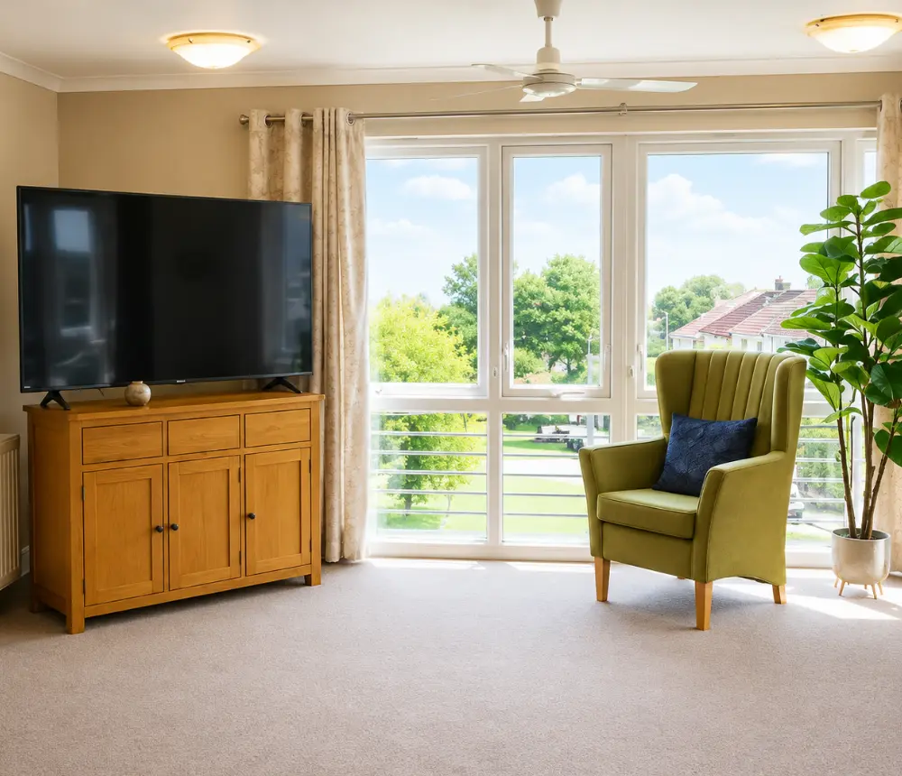 Bright lounge at Avon Lodge nursing and dementia care home in Kingswood, Bristol, with large windows and comfortable seating.