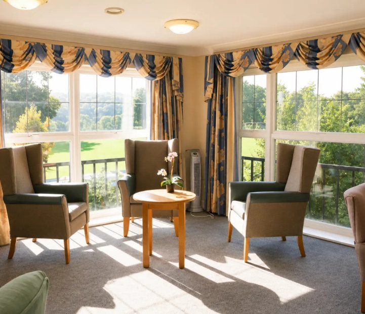 Sunlit lounge at Blandford Grange Care Home in Blandford Forum, Dorset