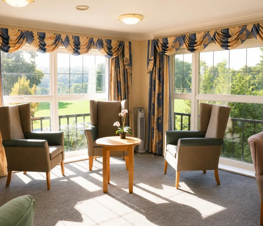 Sunlit lounge at Blandford Grange Care Home in Blandford Forum, Dorset