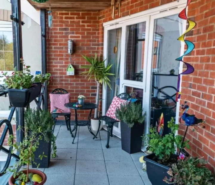 Outdoor terrace at Blandford Grange nursing home in Blandford Forum