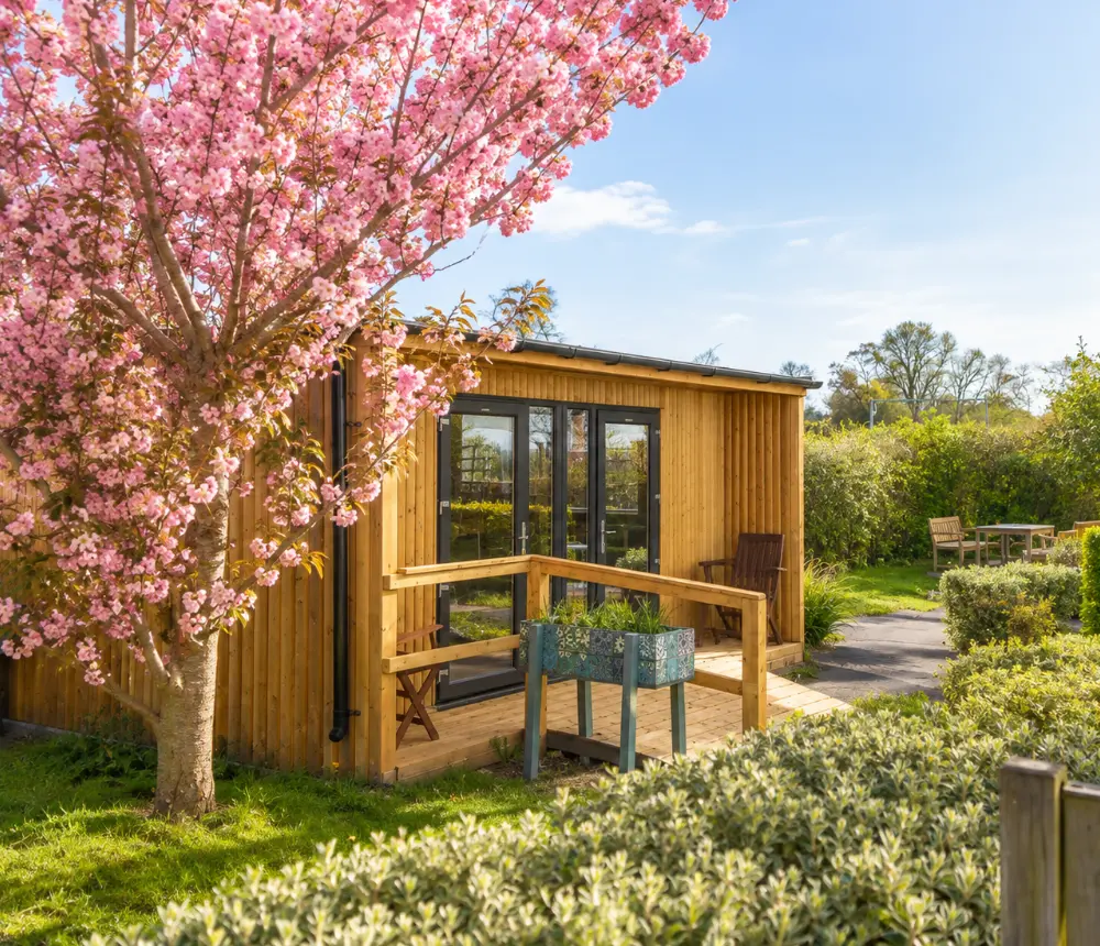 Garden and wooden garden room at Blandford Grange Care Home in Blandford Forum, Dorset