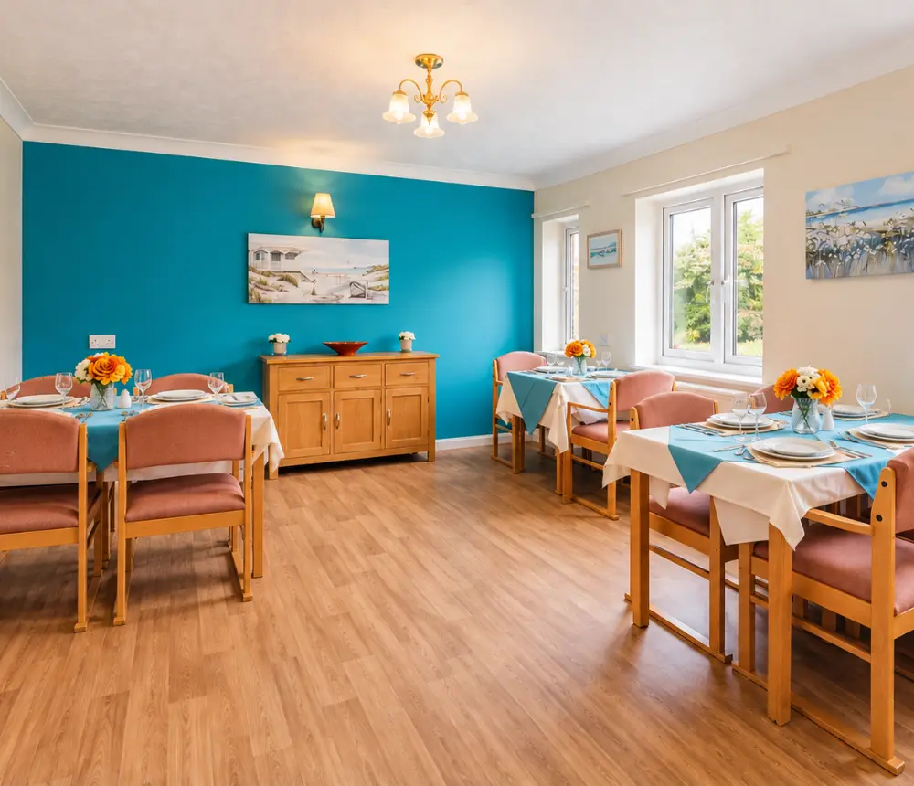 Bright dining room at Claremont House care home in Caister-on-Sea
