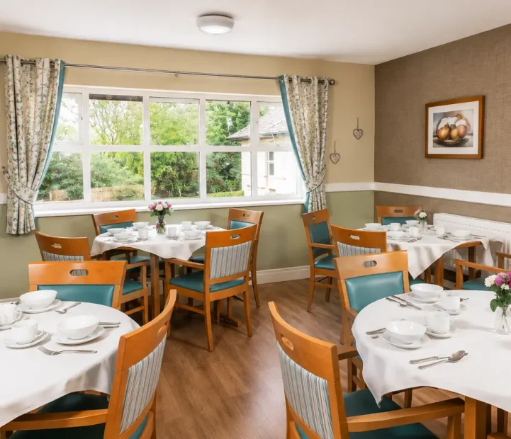 Bright dining room at Oaktree care home in Yate, Bristol.