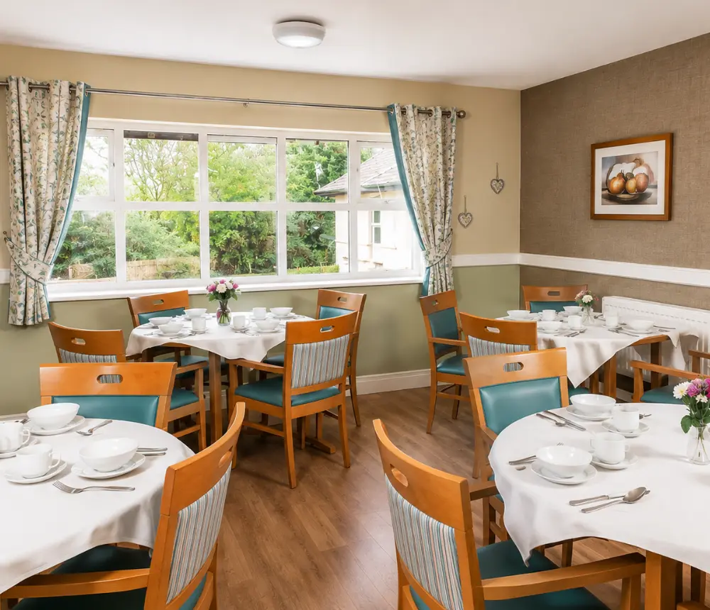 Bright dining room at Oaktree care home in Yate, Bristol.