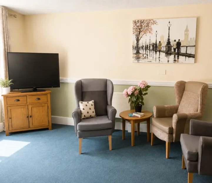Comfortable communal lounge with TV and seating at Oaktree care home in Yate.