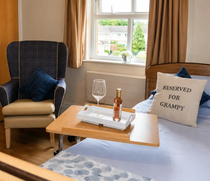 Bright and comfortable bedroom at Oaktree care home in Yate, Bristol.