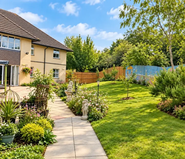 Garden and pathway at Oaktree care home in Yate, Bristol