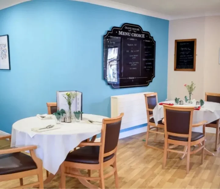 Restaurant-style dining room at Olive House care home in Newton Flotman