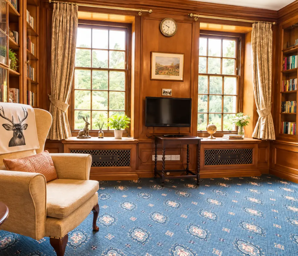 Traditional library lounge at The Manor House care home