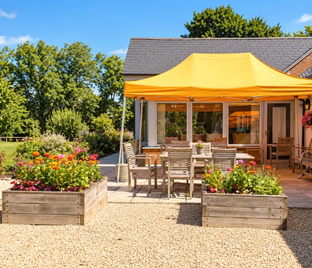 Outdoor patio and garden at The Old Vicarage care home in Sherborne, Dorset
