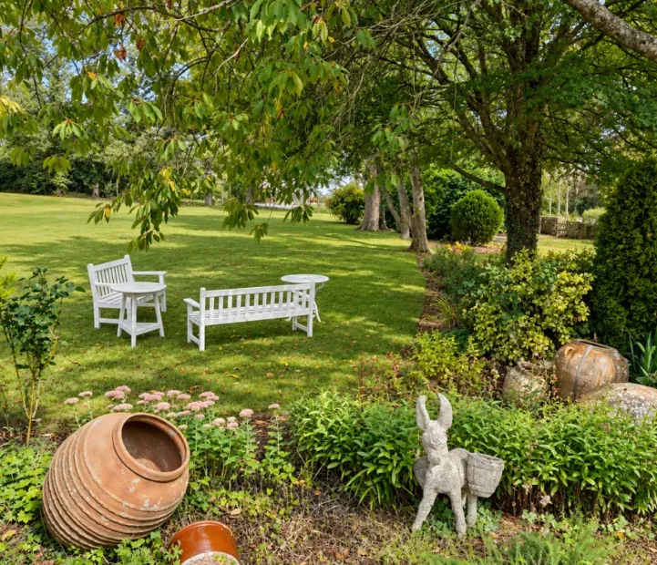 Garden seating at The Old Vicarage care home in Sherborne, Dorset