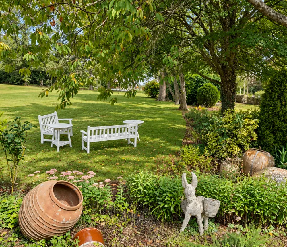Garden seating at The Old Vicarage care home in Sherborne, Dorset