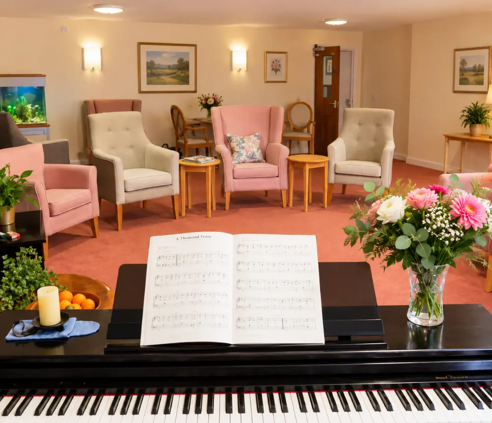 Music room at The Old Vicarage residential care home in Sherborne, Dorset