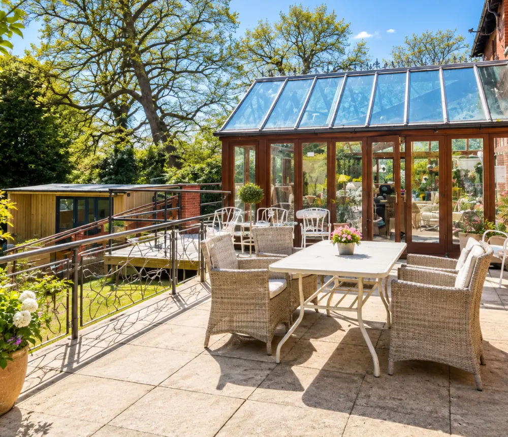 Garden patio and conservatory at Oaklands House in Southwold