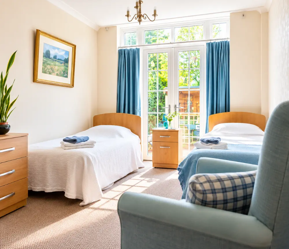 Bright twin bedroom with garden views at The White House care home in Beccles.