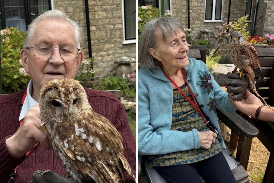 Residents at The Malthouse Care Home in Gillingham holding and interacting with owls and a kestrel during a special falconry visit in the garden.