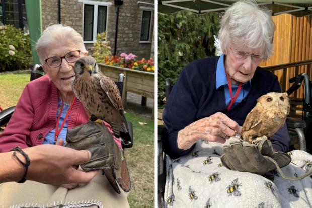 Two residents at The Malthouse Care Home in Gillingham holding birds of prey, including an owl and a kestrel, during a special falconry visit in the garden.