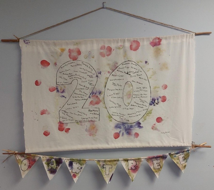 Oaktree care home ‘20’ display made with Hapazome Japanese flower printing, featuring all residents’ names to celebrate 20 years and win the InBloom Award.