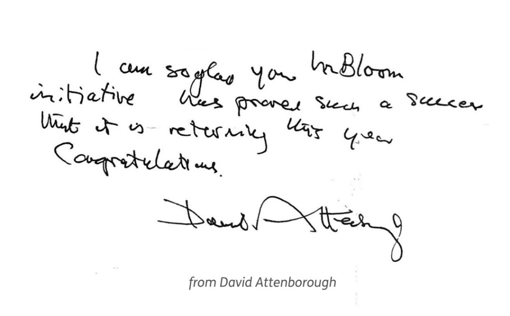 Congratulatory letter from Sir David Attenborough sent to all Healthcare Homes participating in the InBloom competition, recognising their creative and sustainable projects.