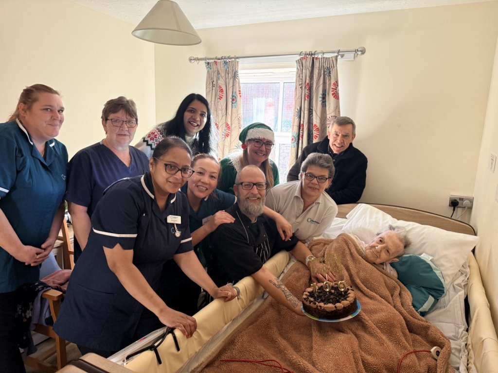 Caroline Easter, 100, celebrating her birthday with Kingsmead Care Home staff in Swindon