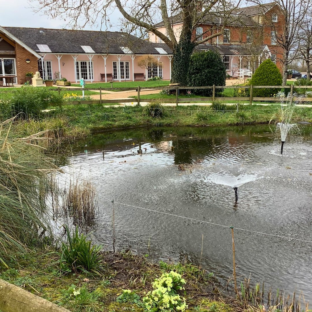 Pond with fountains in The Old Vicarage care home gardens in Sherborne.
