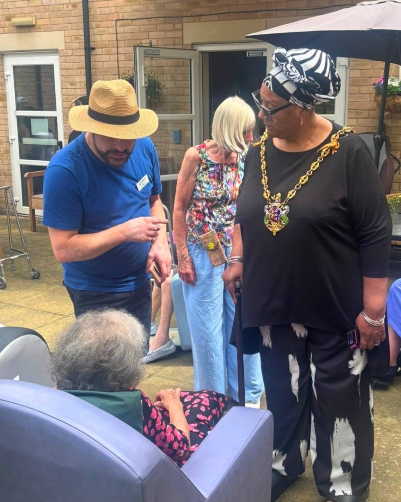 Councillor Pat Bruce-Browne, Mayor of Ipswich, with the Activities Coordinator and a resident at Handford House during Care Home Open Week.