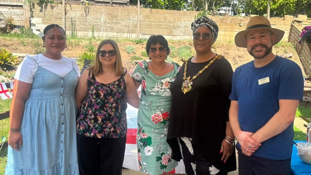 Councillor Pat Bruce-Browne, Mayor of Ipswich, with residents and staff at Handford House during a Care Home Open Week celebration.