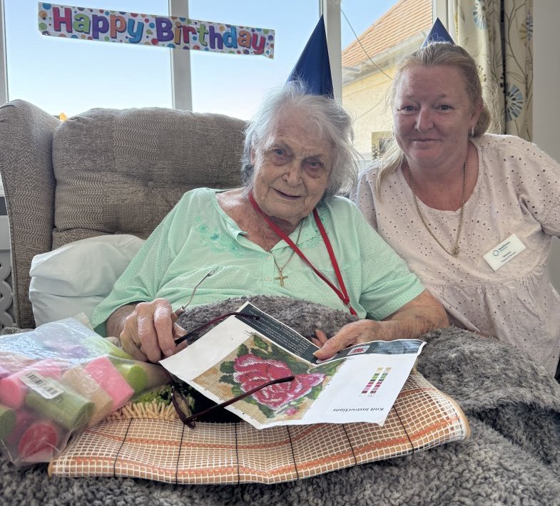 etty celebrates her 93rd birthday with a handmade birthday cake at Tenchley Manor