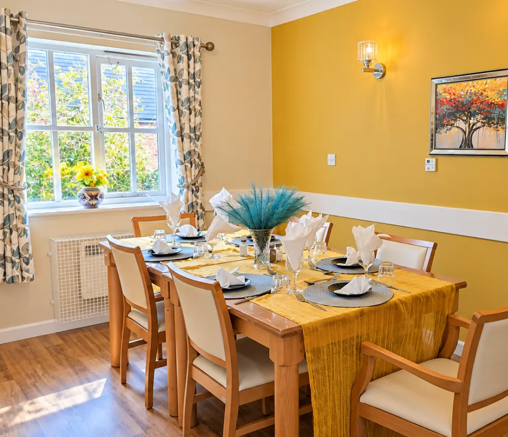 Bright dining room at Ladymead nursing home in Swindon